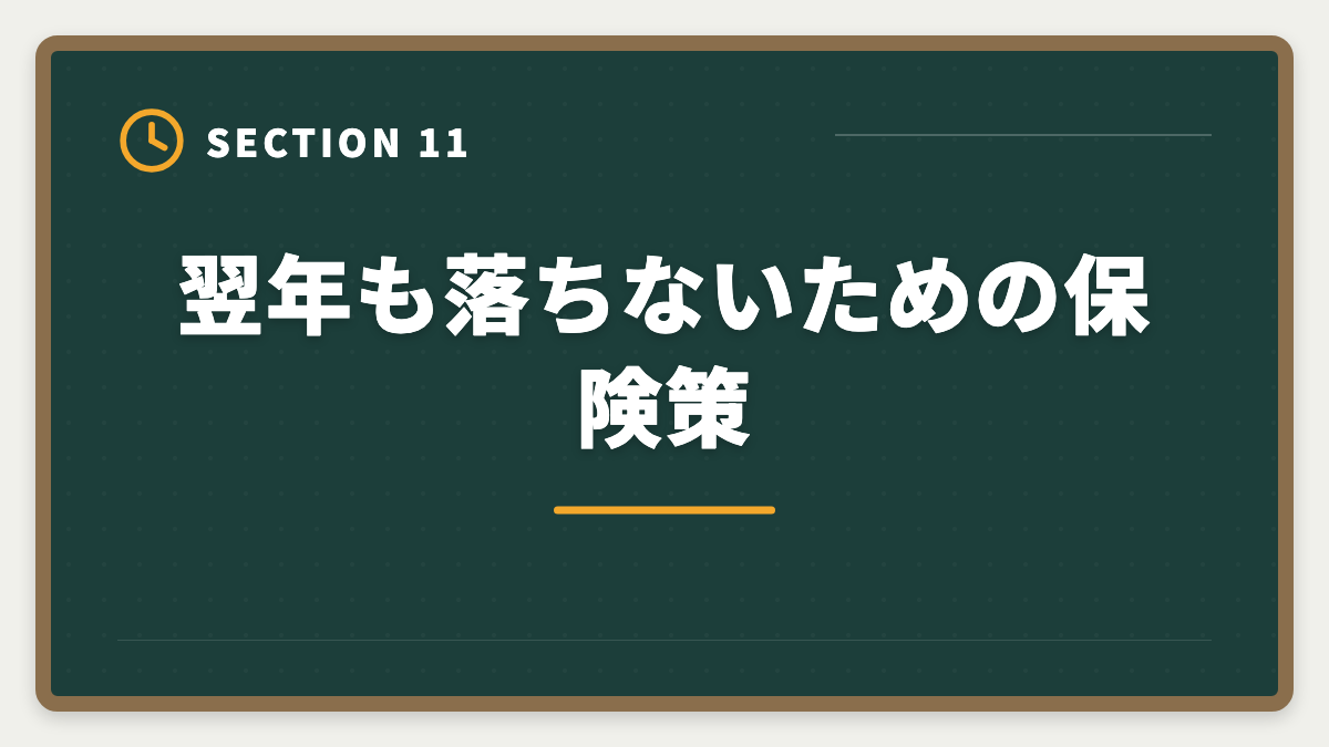 翌年も落ちないための保険策|宅建2年目リベンジで合格する戦略|1年目の失敗を活かす5つの行動の図解