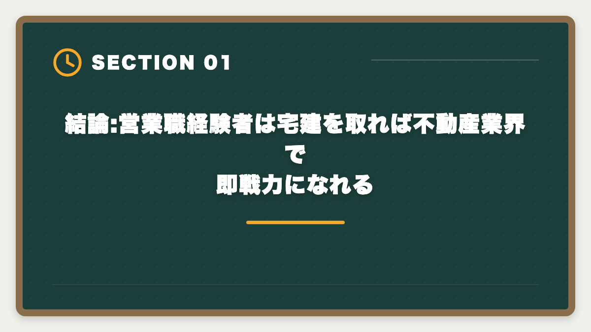結論:営業職経験者は宅建を取れば不動産業界で即戦力になれる|営業職経験者が宅建で不動産業に転職|顧客対応スキルが活きる業態と年収シミュレーションの図解
