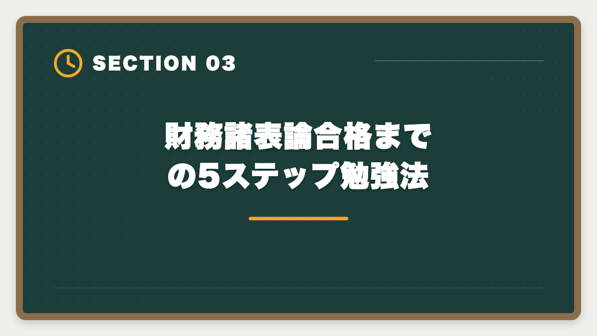 財務諸表論合格までの5ステップ勉強法｜税理士試験「財務諸表論」勉強法の完全ガイド｜理論記述の作法と1年合格戦略の図解