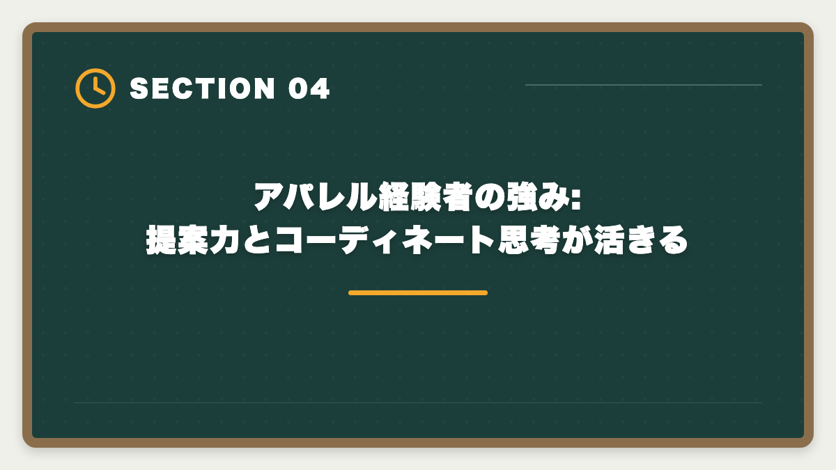 アパレル経験者の強み:提案力とコーディネート思考が活きる｜接客業から宅建で不動産業に転職|アパレル・飲食・ホテル経験が活きる業態の図解