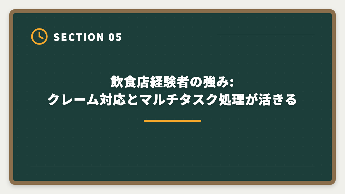 飲食店経験者の強み:クレーム対応とマルチタスク処理が活きる｜接客業から宅建で不動産業に転職|アパレル・飲食・ホテル経験が活きる業態の図解