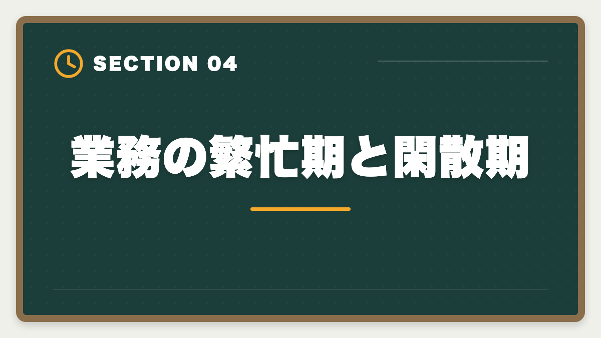 業務の繁忙期と閑散期｜不動産鑑定士の仕事内容｜独占業務から年収まで現役士業が徹底解説の図解