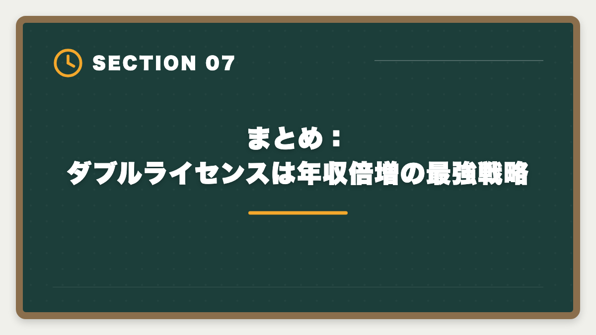 まとめ：ダブルライセンスは年収倍増の最強戦略｜土地家屋調査士のダブルライセンス戦略｜司法書士併用で年収2000万円超の図解