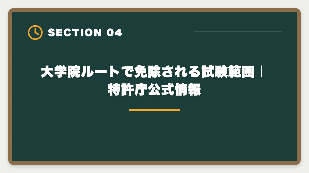 大学院ルートで免除される試験範囲｜特許庁公式情報｜弁理士の大学院ルートとは｜短答免除・修士論文選択免除を活用した最短合格戦略の図解