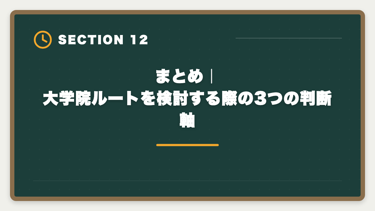 まとめ｜大学院ルートを検討する際の3つの判断軸｜弁理士の大学院ルートとは｜短答免除・修士論文選択免除を活用した最短合格戦略の図解