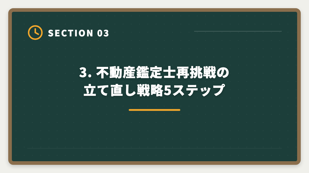 3. 不動産鑑定士再挑戦の立て直し戦略5ステップ|不動産鑑定士不合格からの再挑戦|立て直し戦略5ステップで最短合格の図解