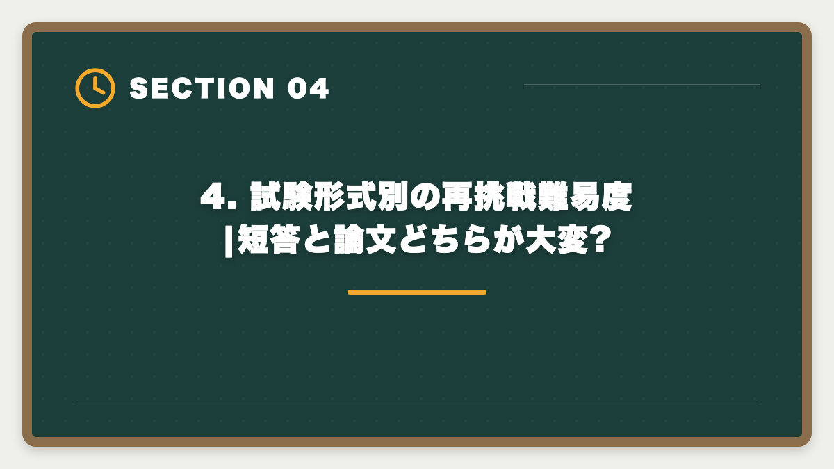 4. 試験形式別の再挑戦難易度|短答と論文どちらが大変?|不動産鑑定士不合格からの再挑戦|立て直し戦略5ステップで最短合格の図解