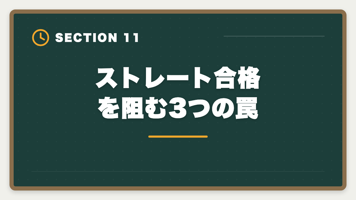 ストレート合格を阻む3つの罠｜弁理士にストレート合格する5つの鉄則｜1年〜1.5年で受かる戦略の図解