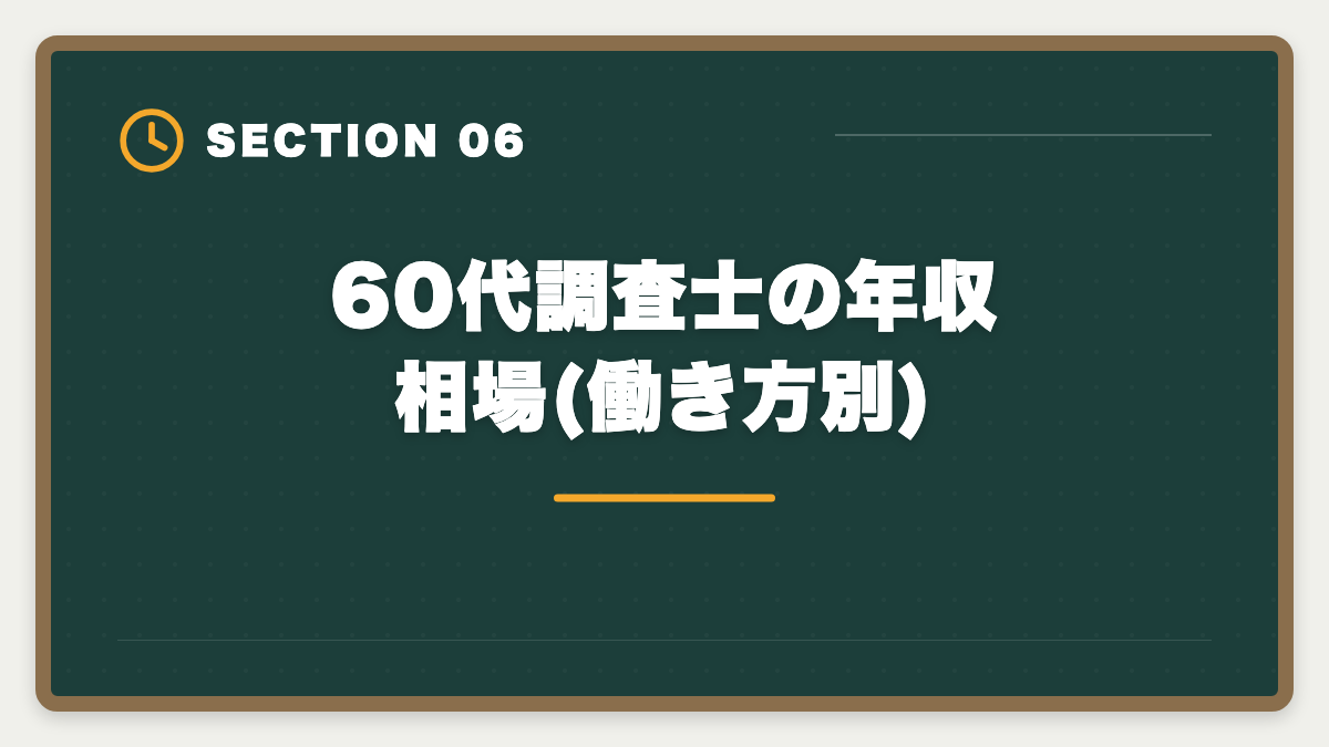60代調査士の年収相場(働き方別)|土地家屋調査士は60代シニアのセカンドキャリアに最適|3つの壁と合格戦略の図解
