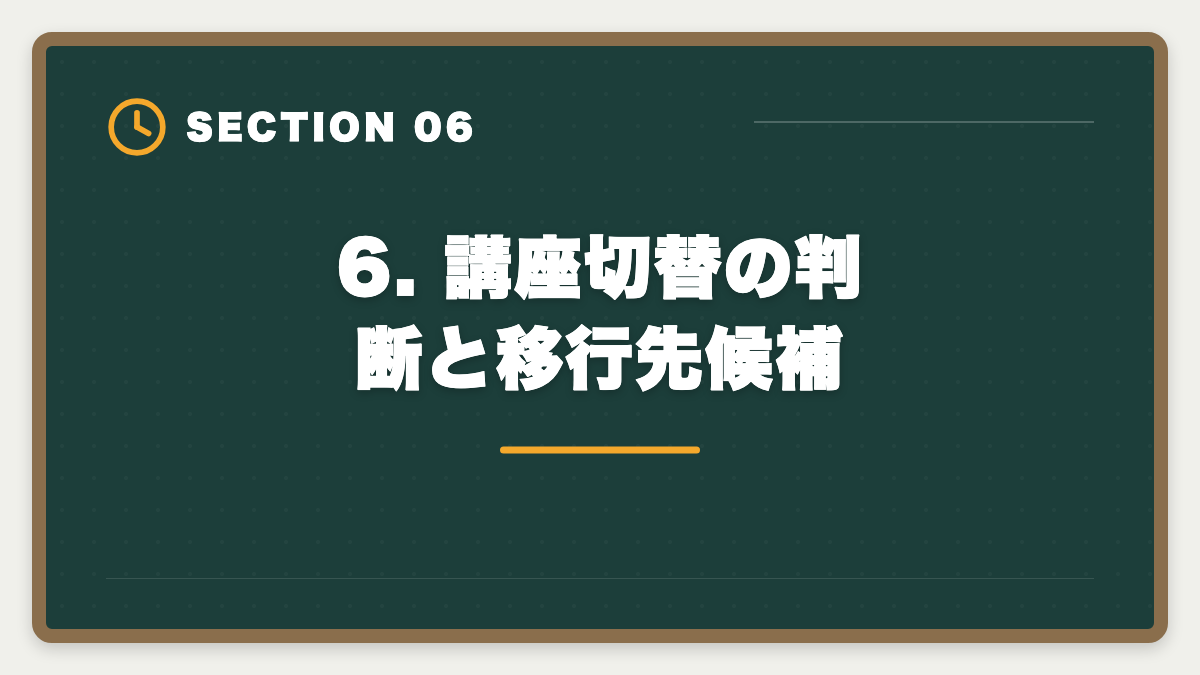 6. 講座切替の判断と移行先候補|土地家屋調査士に不合格でも諦めない!立て直し戦略5ステップで来年合格を狙う完全ガイドの図解