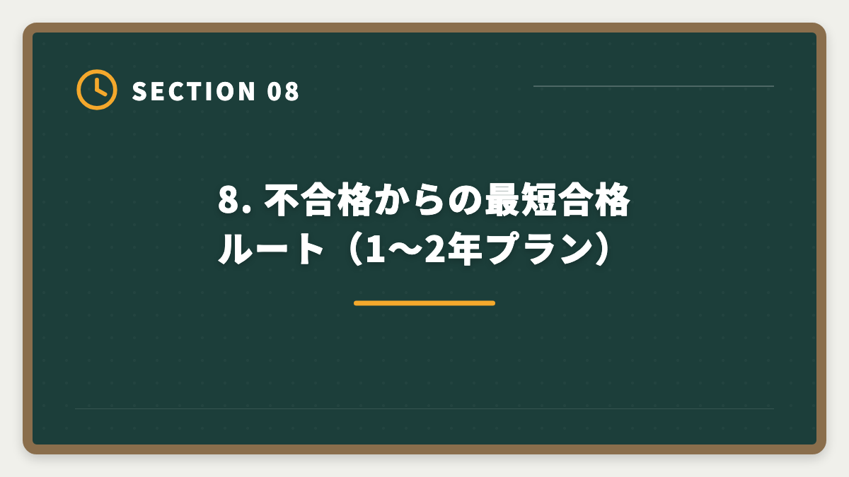 8. 不合格からの最短合格ルート(1〜2年プラン)|土地家屋調査士に不合格でも諦めない!立て直し戦略5ステップで来年合格を狙う完全ガイドの図解