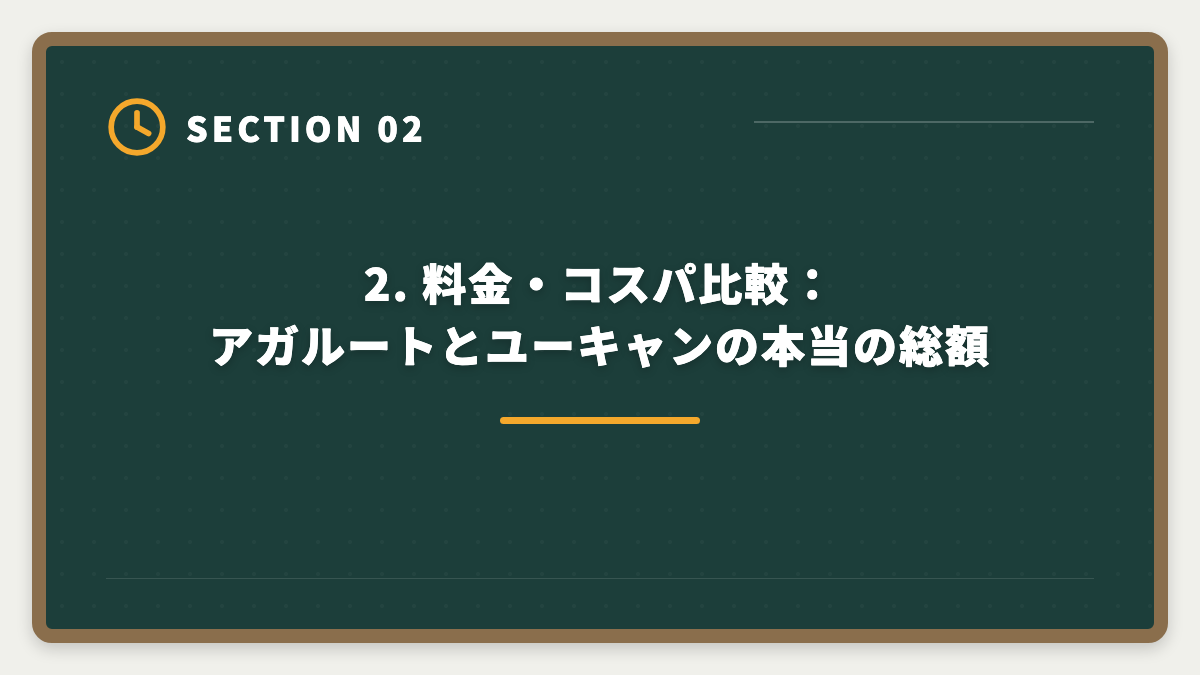2. 料金・コスパ比較：アガルートとユーキャンの本当の総額｜宅建 アガルートvsユーキャン徹底比較|料金・教材・合格率で選ぶ正解【2026年版】の図解