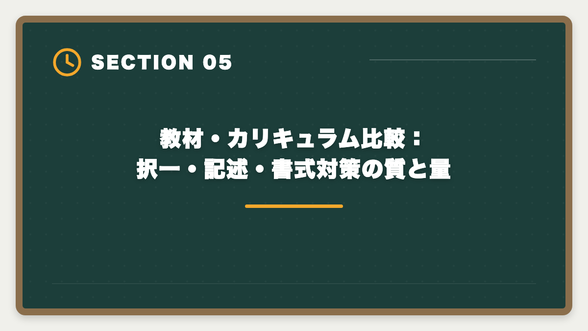 教材・カリキュラム比較：択一・記述・書式対策の質と量｜土地家屋調査士アガルートvs東京法経学院を徹底比較！料金合格実績教材で選び方を解説の図解
