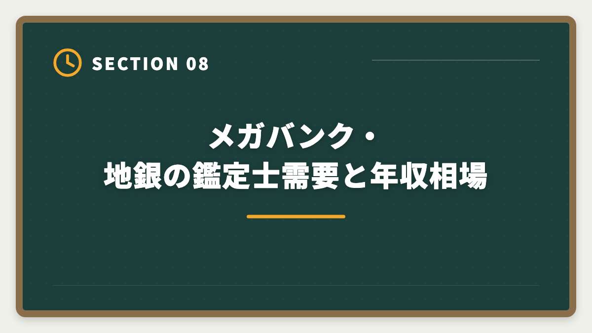 メガバンク・地銀の鑑定士需要と年収相場|銀行員が不動産鑑定士を取って担保評価のプロへ転身する完全ガイドの図解