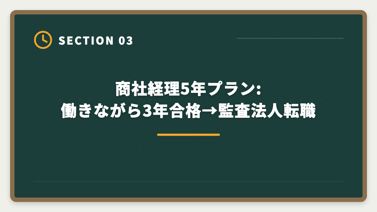 商社経理5年プラン:働きながら3年合格→監査法人転職｜商社経理から公認会計士へ転身!監査法人転職5年プラン完全ガイドの図解