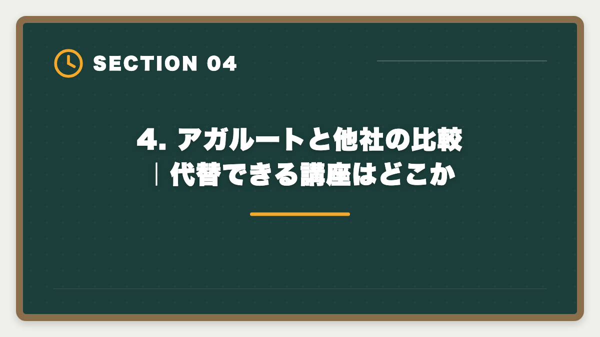 4. アガルートと他社の比較｜代替できる講座はどこか｜弁理士アガルートのデメリット5つの真実｜後悔しない代替講座と申込前チェックリストの図解
