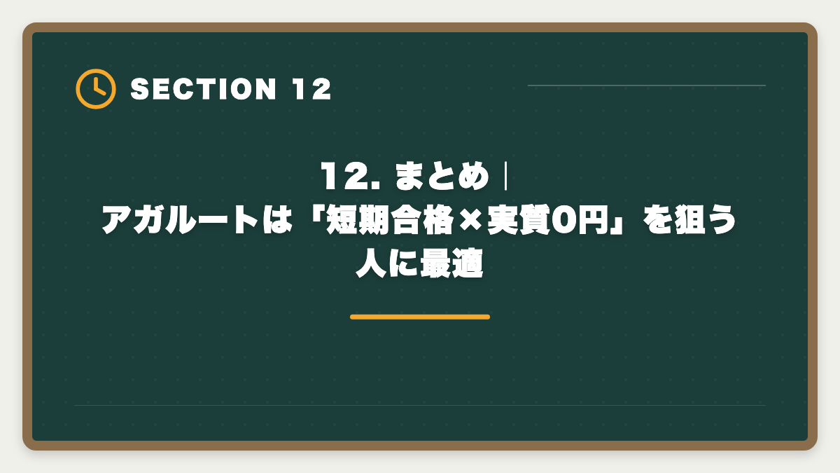 12. まとめ｜アガルートは「短期合格×実質0円」を狙う人に最適｜弁理士アガルートのデメリット5つの真実｜後悔しない代替講座と申込前チェックリストの図解