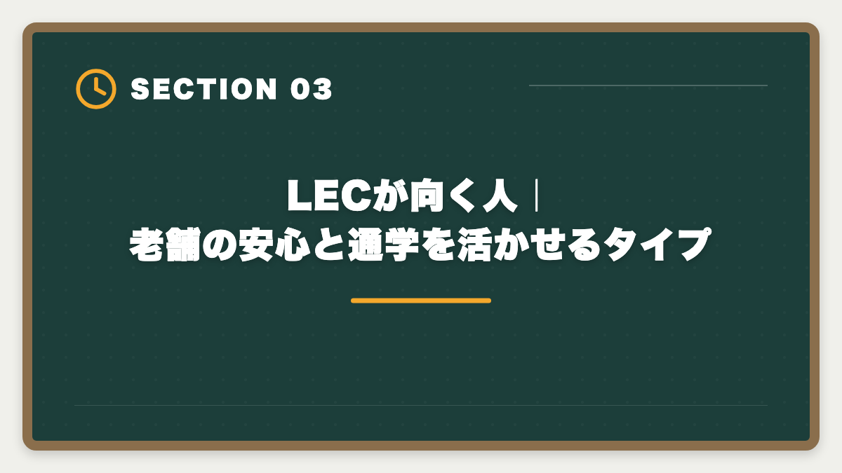 LECが向く人|老舗の安心と通学を活かせるタイプ|宅建LECのデメリット5つと真実|老舗だけ見て決めると後悔する理由の図解