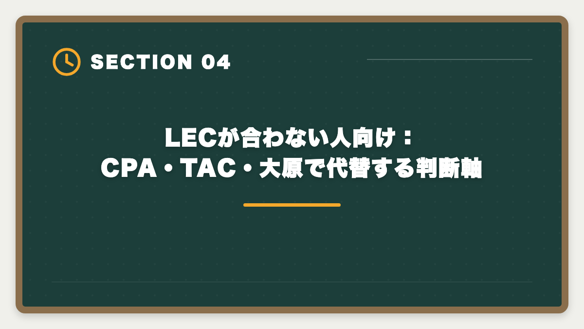 LECが合わない人向け：CPA・TAC・大原で代替する判断軸｜公認会計士LECのデメリット5つの真実【代替校CPA・TAC・大原比較】の図解