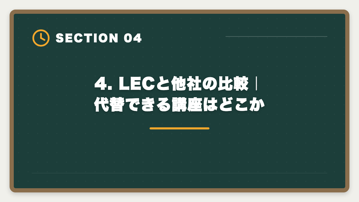 4. LECと他社の比較｜代替できる講座はどこか｜弁理士LECのデメリット5つの真実｜後悔しない代替講座と申込前チェックリストの図解