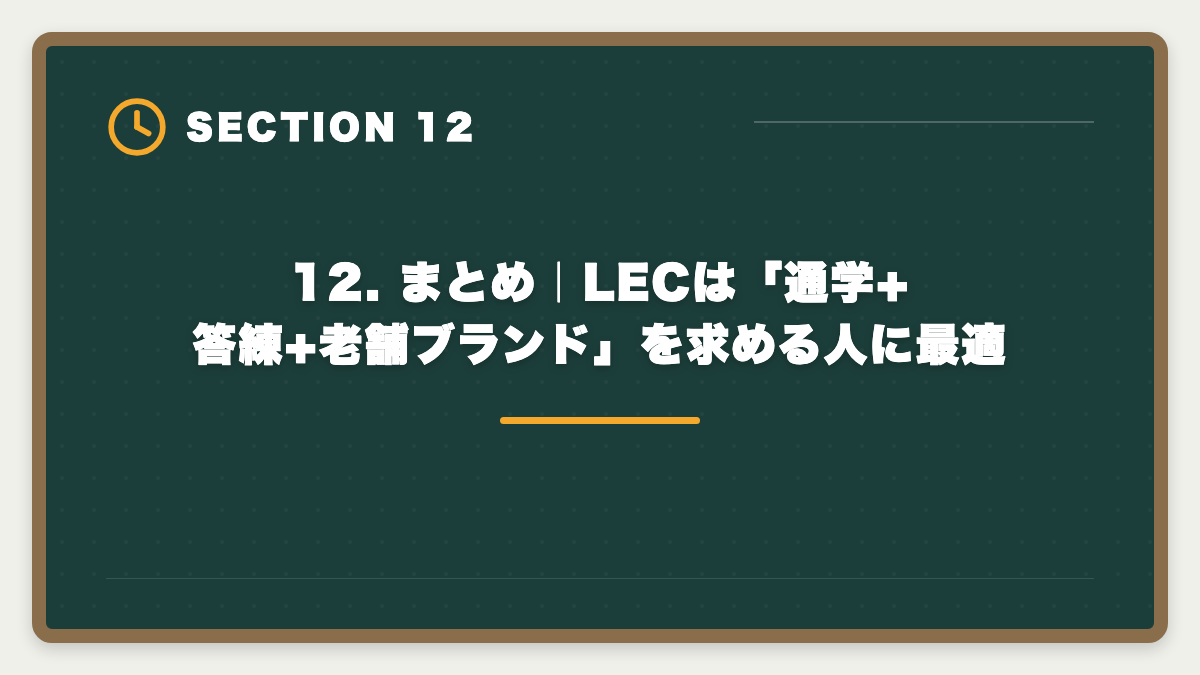 12. まとめ｜LECは「通学+答練+老舗ブランド」を求める人に最適｜弁理士LECのデメリット5つの真実｜後悔しない代替講座と申込前チェックリストの図解