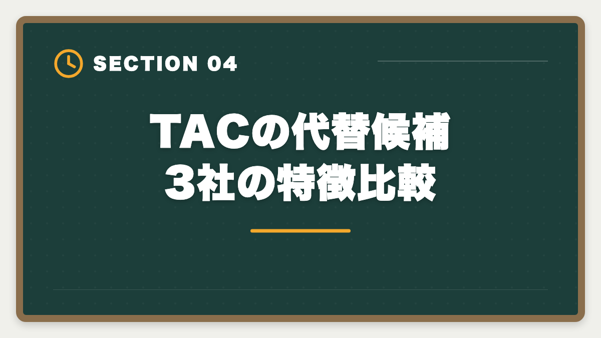 TACの代替候補3社の特徴比較｜弁理士TAC講座のデメリット真実5つ|アガルート・LEC・スタディング代替も解説の図解
