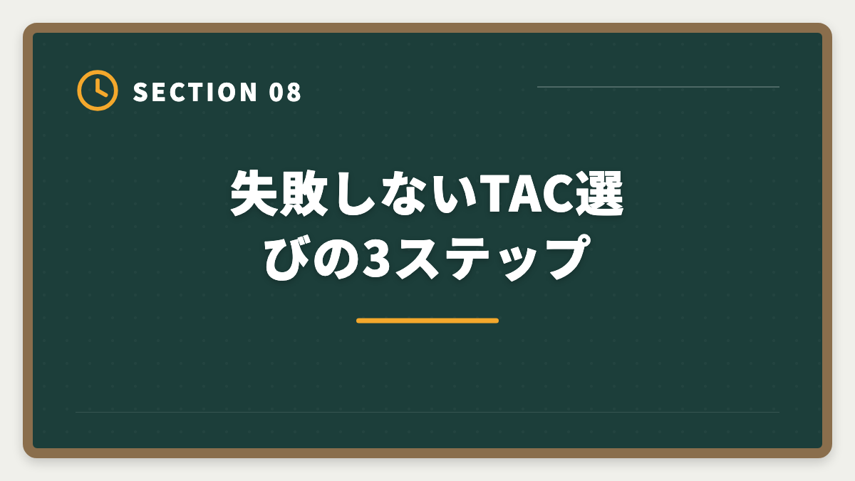 失敗しないTAC選びの3ステップ|不動産鑑定士TAC「やめとけ」の真実 5つの理由を中立検証し代替校まで本音解説の図解