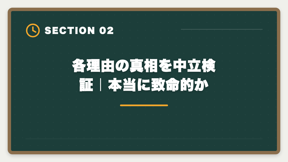 各理由の真相を中立検証｜本当に致命的か｜税理士スタディング「選ばない方がいい」の真実｜3パターン判定と代替案で後悔ゼロの図解