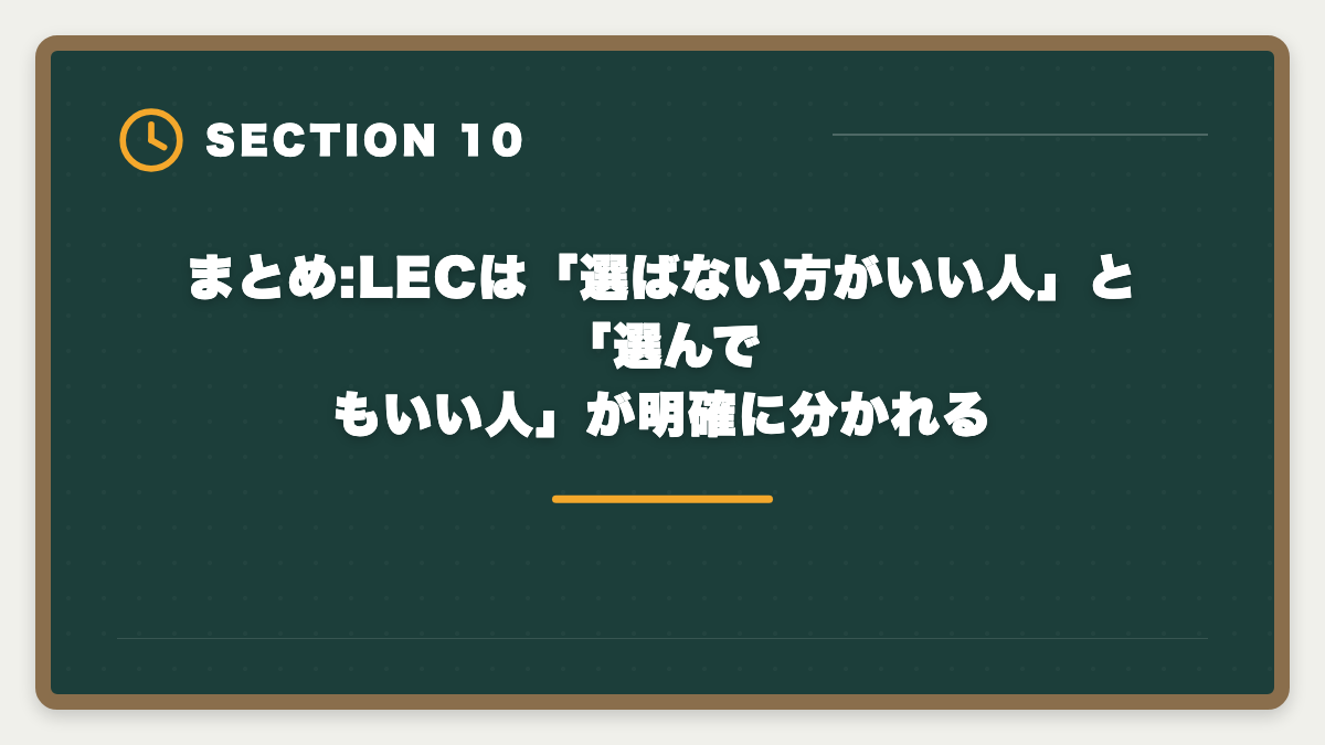 まとめ:LECは「選ばない方がいい人」と「選んでもいい人」が明確に分かれる｜弁理士LECは選ばない方がいい?真実を中立検証して代替も提案しますの図解