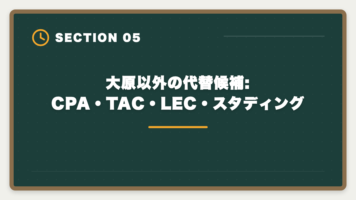 大原以外の代替候補:CPA・TAC・LEC・スタディング｜公認会計士の大原は選ばない方がいい?5つの理由の真実と代替予備校の選び方の図解