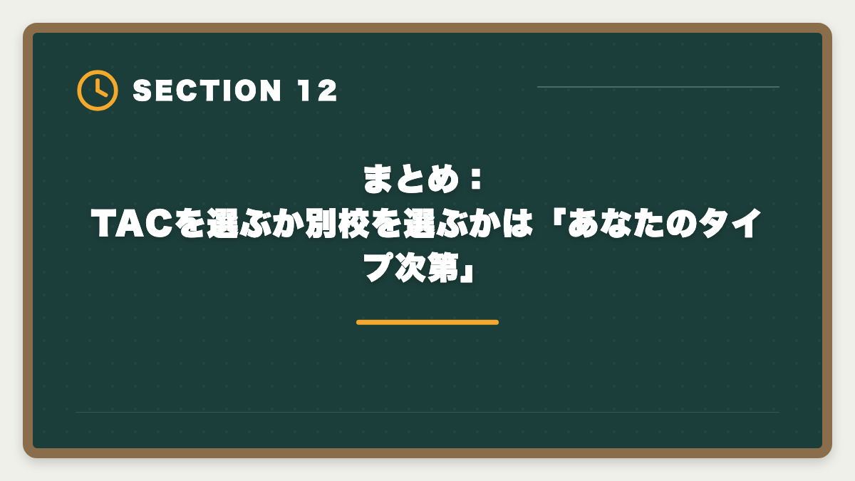 まとめ：TACを選ぶか別校を選ぶかは「あなたのタイプ次第」｜不動産鑑定士TACを選ばない方がいい真実5つ｜代替候補と判断軸を業界内側から公開の図解