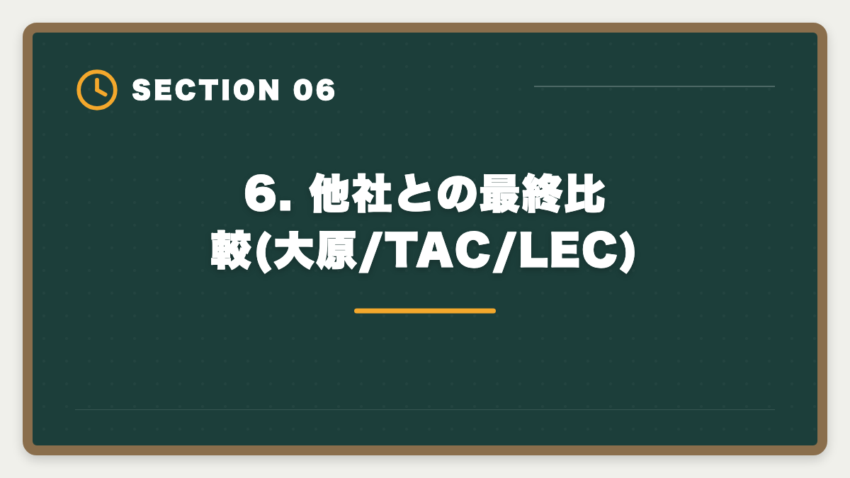 6. 他社との最終比較(大原/TAC/LEC)|公認会計士CPA会計学院を購入前に知りたい真実10項目【後悔しない申込ガイド】の図解