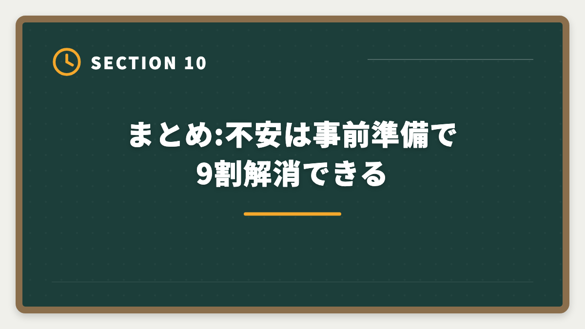 まとめ:不安は事前準備で9割解消できる|アガルート弁理士の不安7つを完全解消|全額返金保証で守られる範囲と合格者の克服プロセスの図解