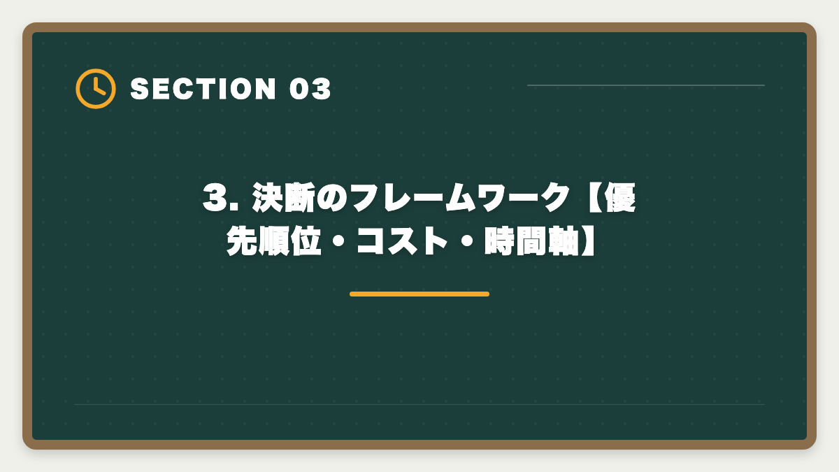 3. 決断のフレームワーク【優先順位・コスト・時間軸】｜公認会計士CPA会計学院の申込で迷う理由7つと決断のフレームワークの図解