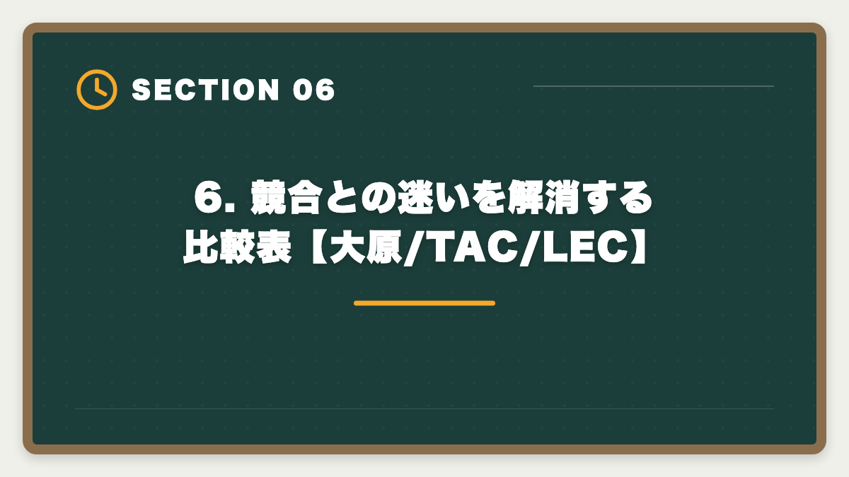 6. 競合との迷いを解消する比較表【大原/TAC/LEC】｜公認会計士CPA会計学院の申込で迷う理由7つと決断のフレームワークの図解