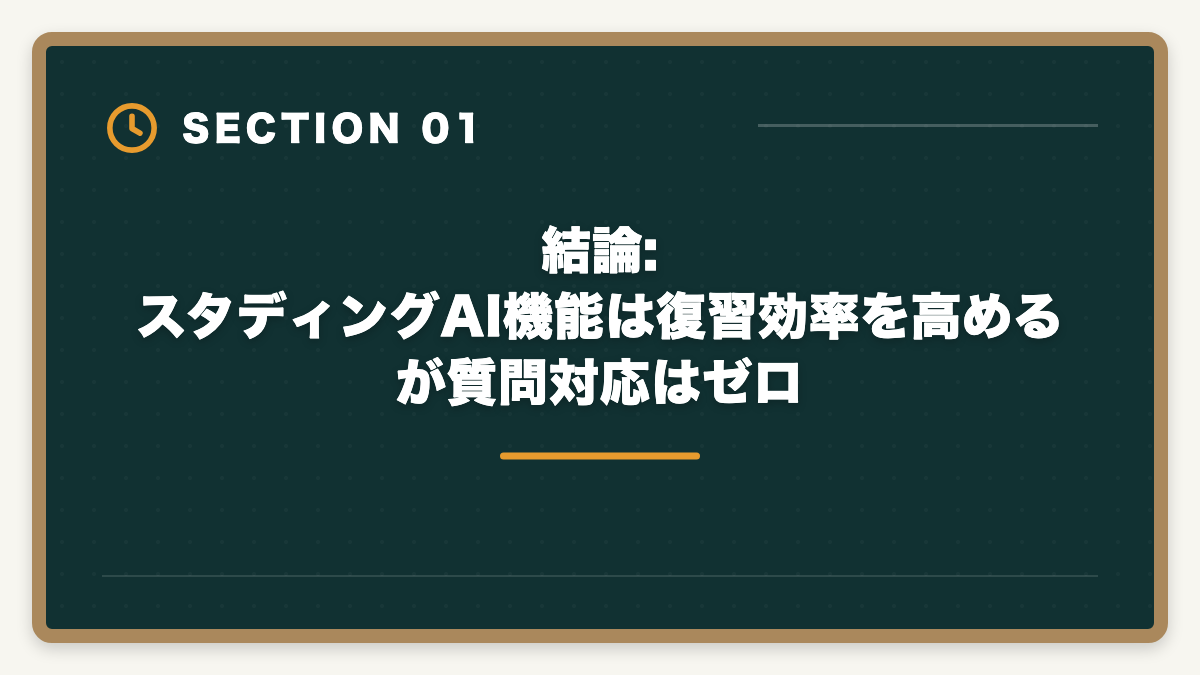 結論:スタディングAI機能は復習効率を高めるが質問対応はゼロ｜スタディング宅建のAI問題復習機能は本当に効くか?評判と3つのデメリットの図解